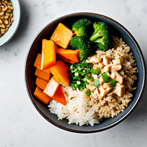 Home 6 A professionally styled culinary photograph of a gourmet, healthy vegan rice bowl, showcasing the versatility of peanut butter. The bowl is filled with vibrant, steamed vegetables such as broccoli florets, julienned carrots, and bell peppers, alongside perfectly cooked brown rice and grilled tofu cubes. A rich, creamy peanut sauce is artfully drizzled over the ingredients, highlighting its smooth, inviting texture. The dish is elegantly garnished with fresh cilantro and toasted sesame seeds. The setting is a bright, modern kitchen counter with soft, professional studio lighting, emphasizing the food's appetizing appeal. safe for work, appropriate content, fully clothed, professional, family-friendly, perfect anatomy, correct proportions.